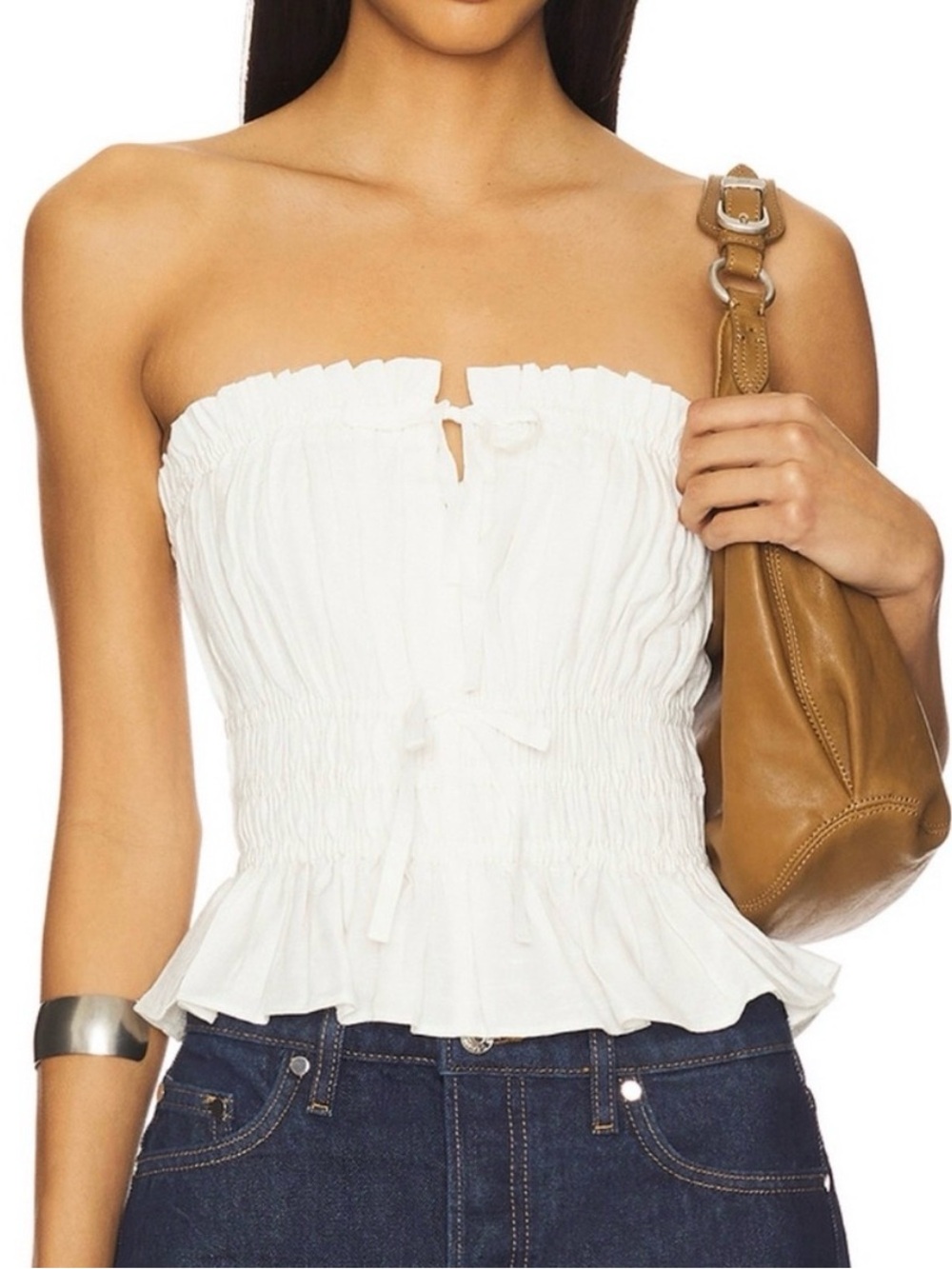 Astr White Strapless Smocked Peplum Camisole
